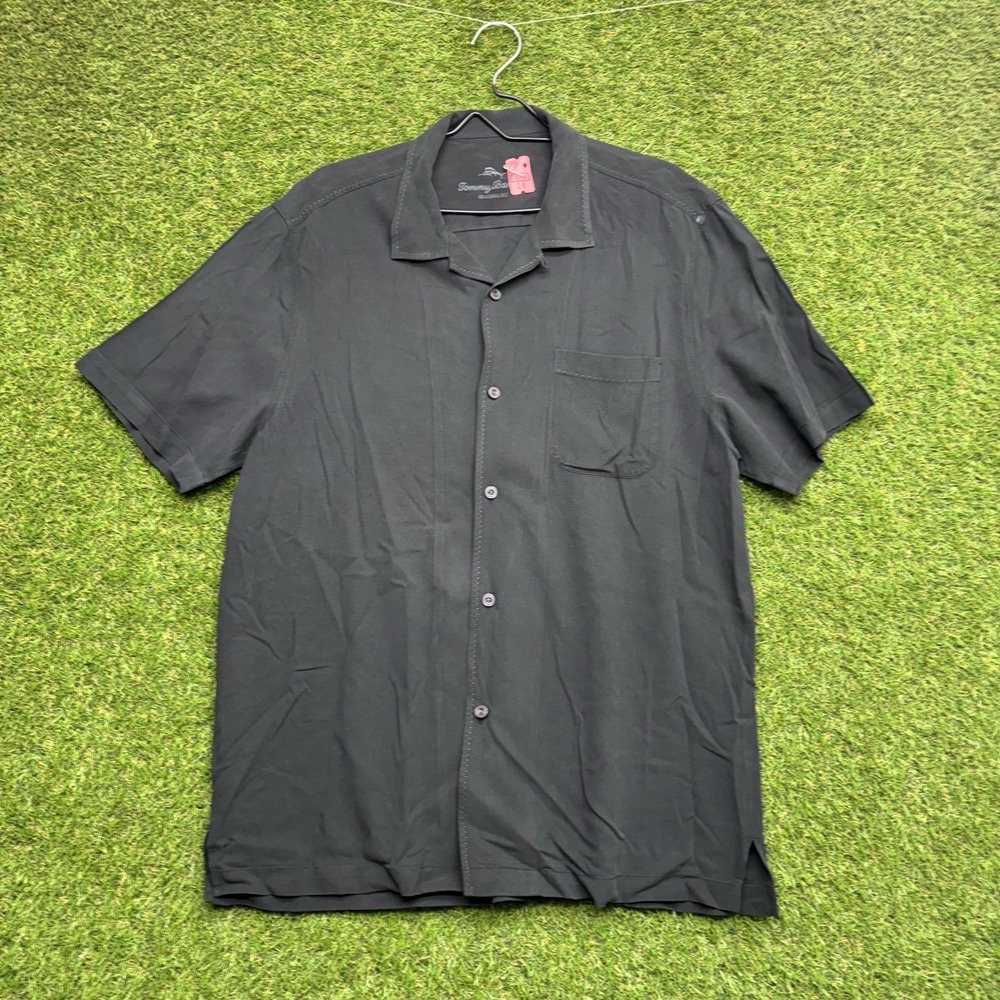 Tommy Bahama Silk Shirt Mens Large Short Sleeve Relax Camp Hawaii Black Preppy